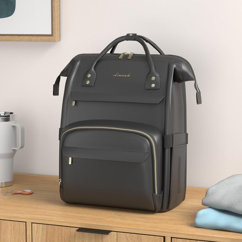 LOVEVOOK Leather Laptop Backpack for Women 17 inch Travel Backpack Purse Nurse Teacher Backpack Computer Laptop Bag Professional College Business Work Bags Carry On Backpack with USB Port Black - Image 2